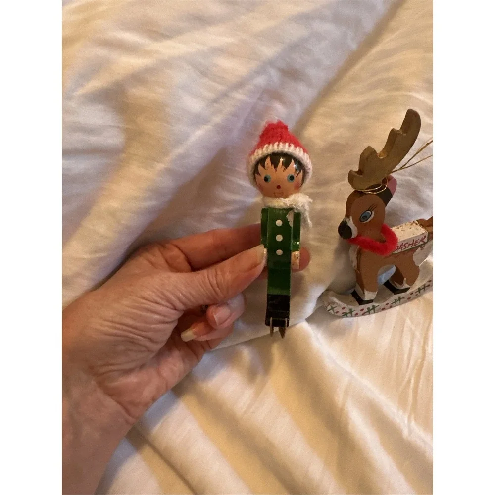 Vintage Kurt Adler Santa's Reindeer Dasher & SkierChristmas Ornament Wooden 1977